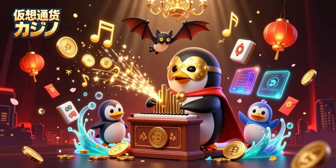 仮想通貨カジノで遊ぶカラフルなシーンを描いたイラストで、ペンギンとコインが動く様子が表現されています。