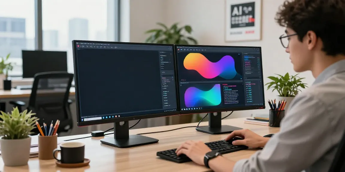 Copywriter using an AI copywriting tool online in a modern office setting