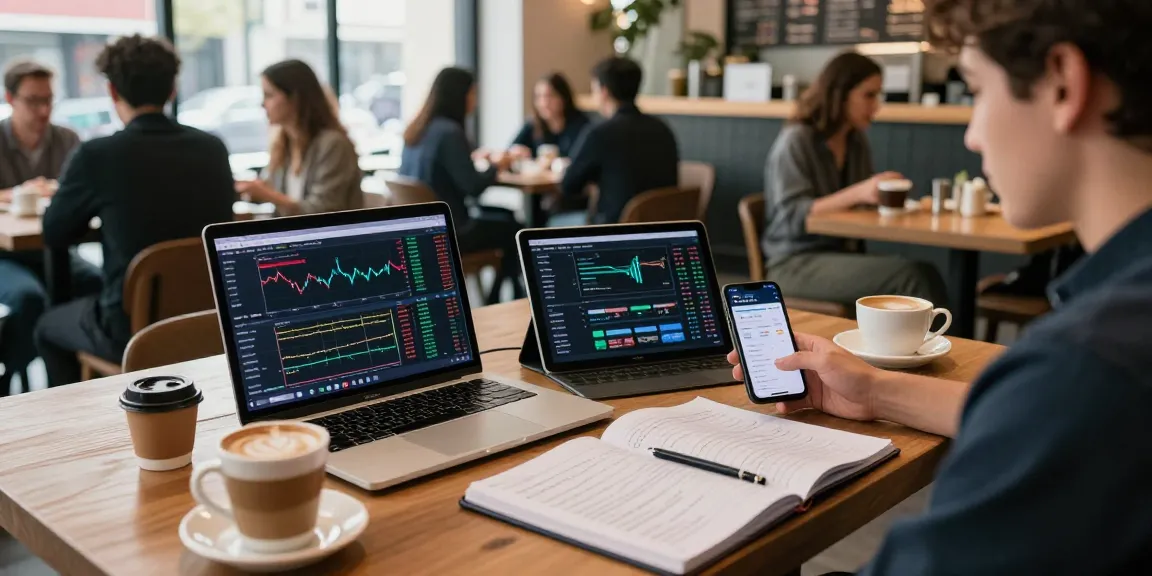 Cricbet99 trading and betting platform showcased on multiple devices in a lively coffee shop environment with cryptocurrency charts and market analytics.