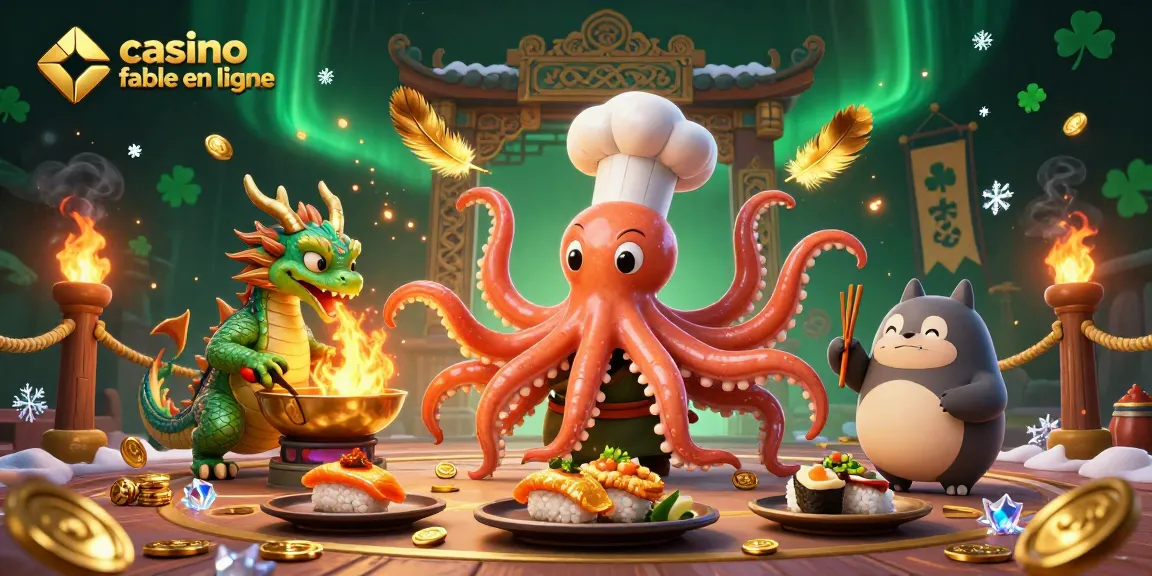 Jouez sur un casino fiable en ligne tout en découvrant une scène dynamique et colorée avec un chef sushi, un dragon, et un client tanuki.