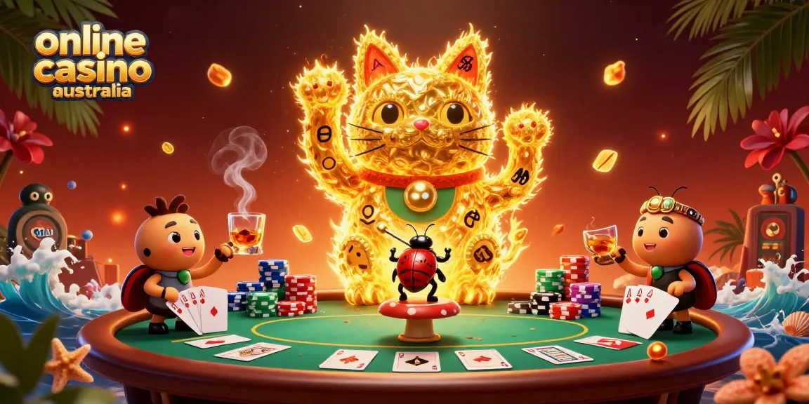 Engage with the vibrant scene of online casino Australia featuring golden fireflies and poker chips.
