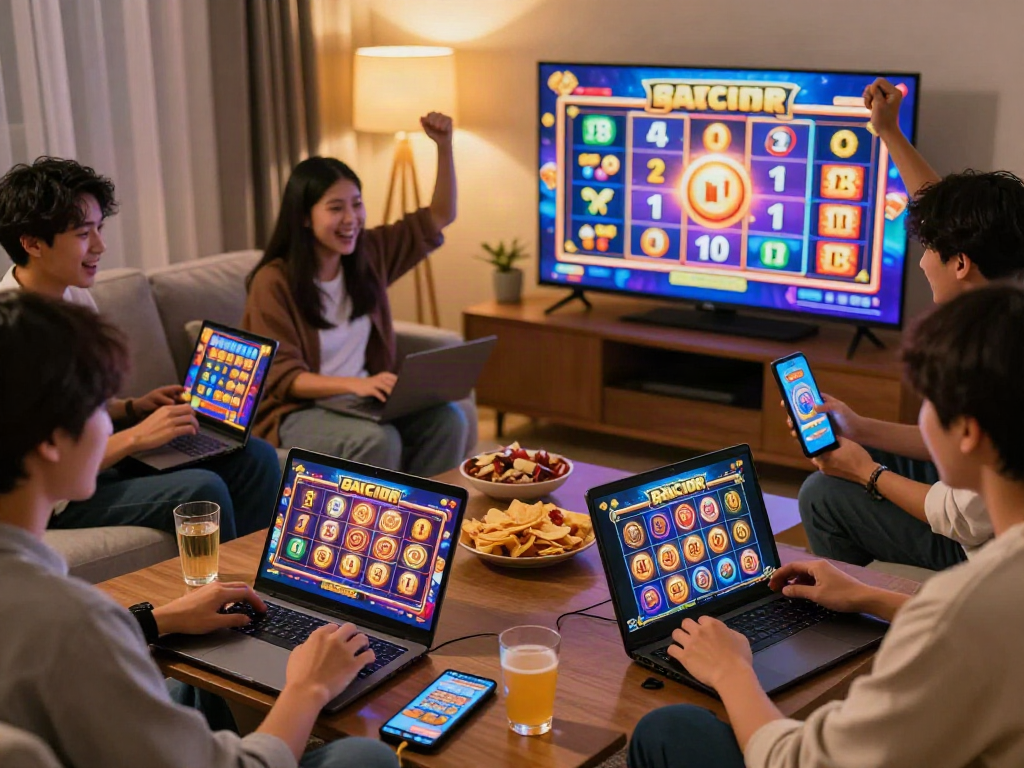 Players enjoying slot gacor games on multiple devices in a vibrant and cozy living room setting.