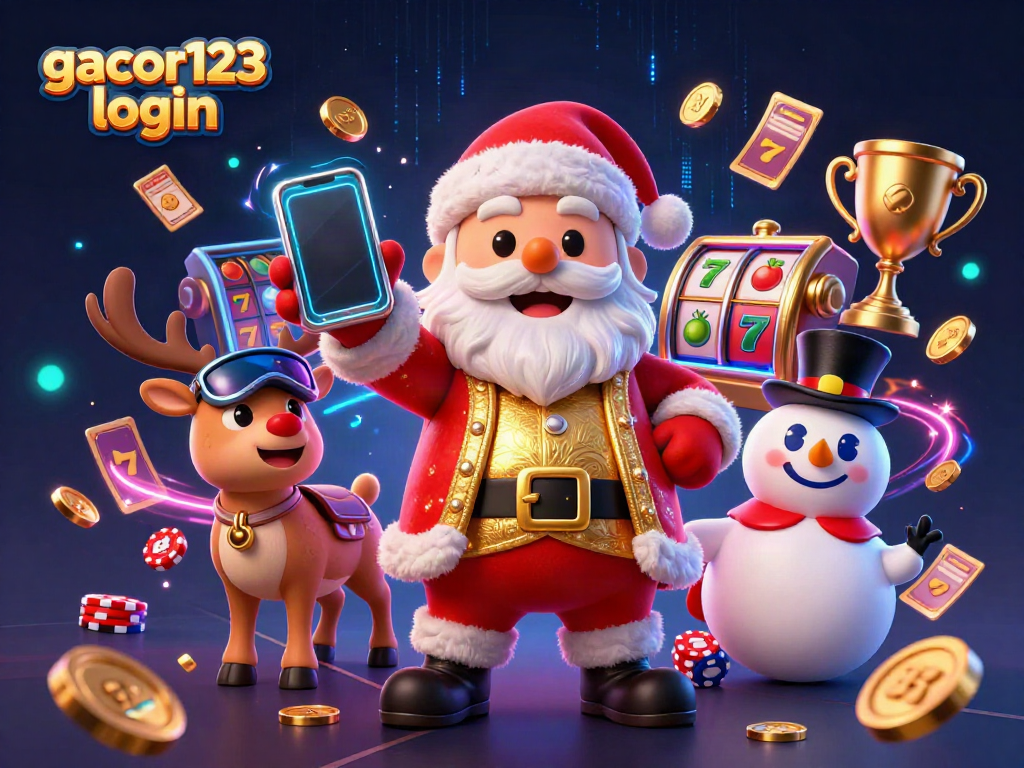 Experience gacor123 login with Santa and friends enjoying dazzling slot games in a festive casino scene.