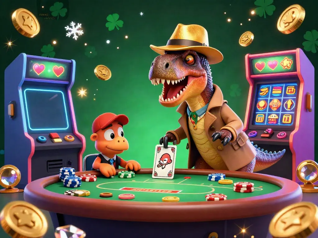 Tangkapan suasana permainan rans4d alternatif dengan velociraptor di meja blackjack yang dikelilingi elemen kasino berwarna.