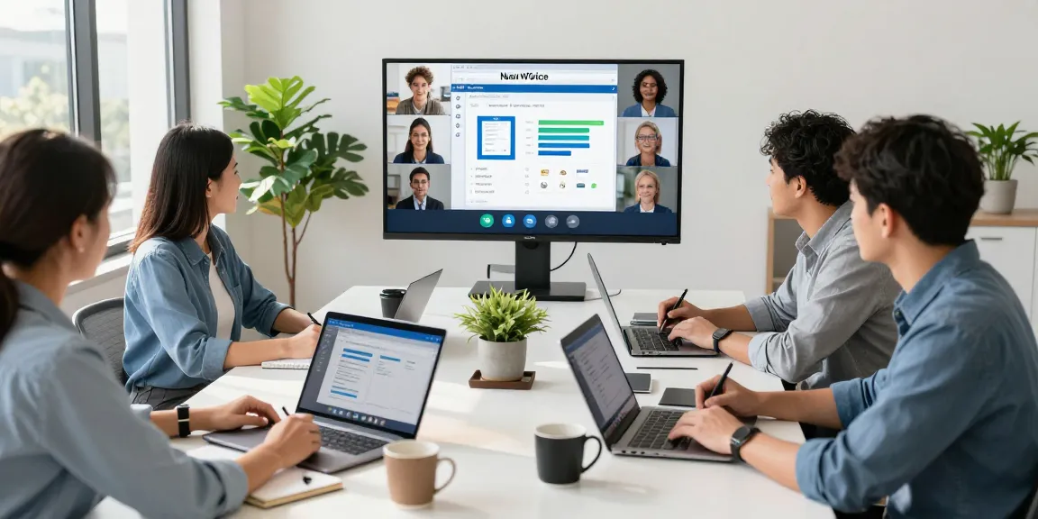 Team collaborating in a modern office using wps下载 for enhanced productivity.