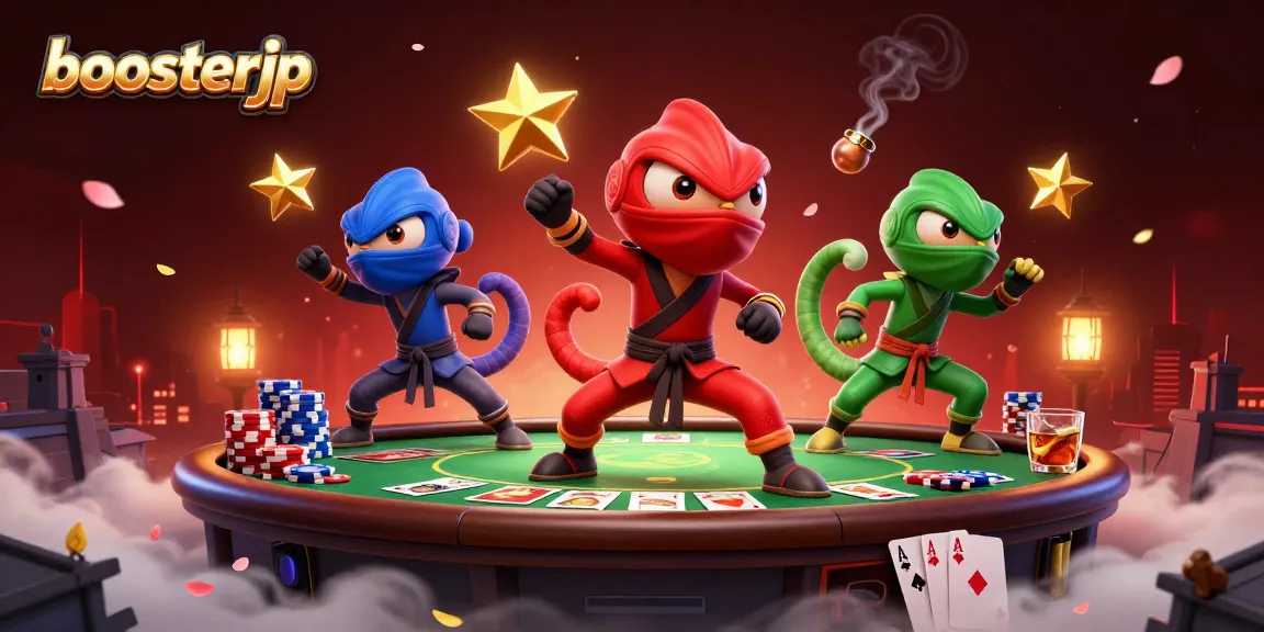 boosterjp showcases a vibrant scene of chameleons in a dynamic poker setting, embodying high-stakes action.