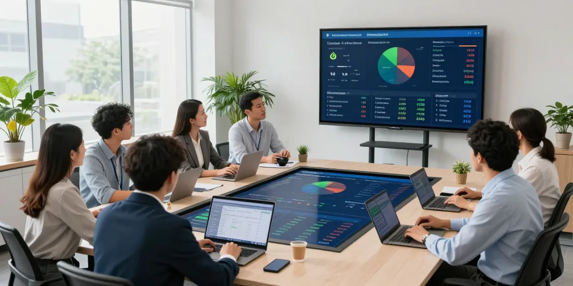 Team collaborating on multi site business energy management using digital dashboards and real-time data metrics in a modern office.