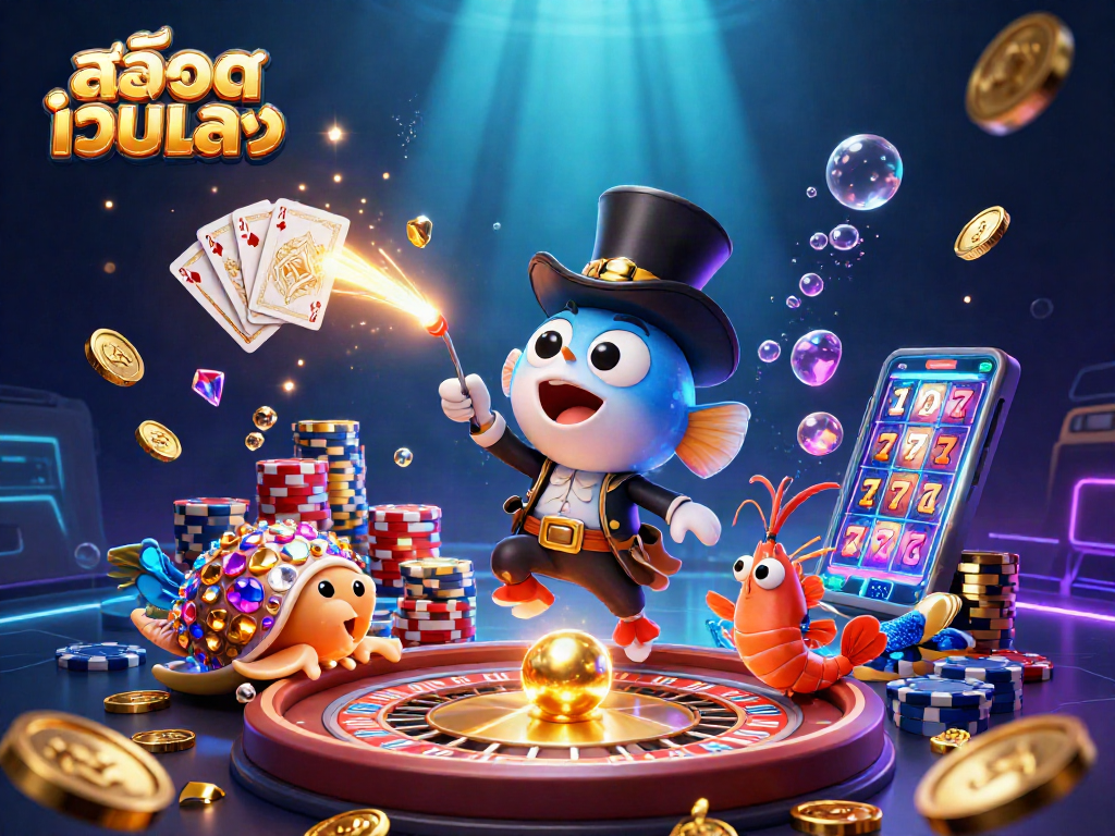 Attract golden coins with สล็อตเว็บตรง in this adventurous deep-sea casino scene featuring various gambling icons.