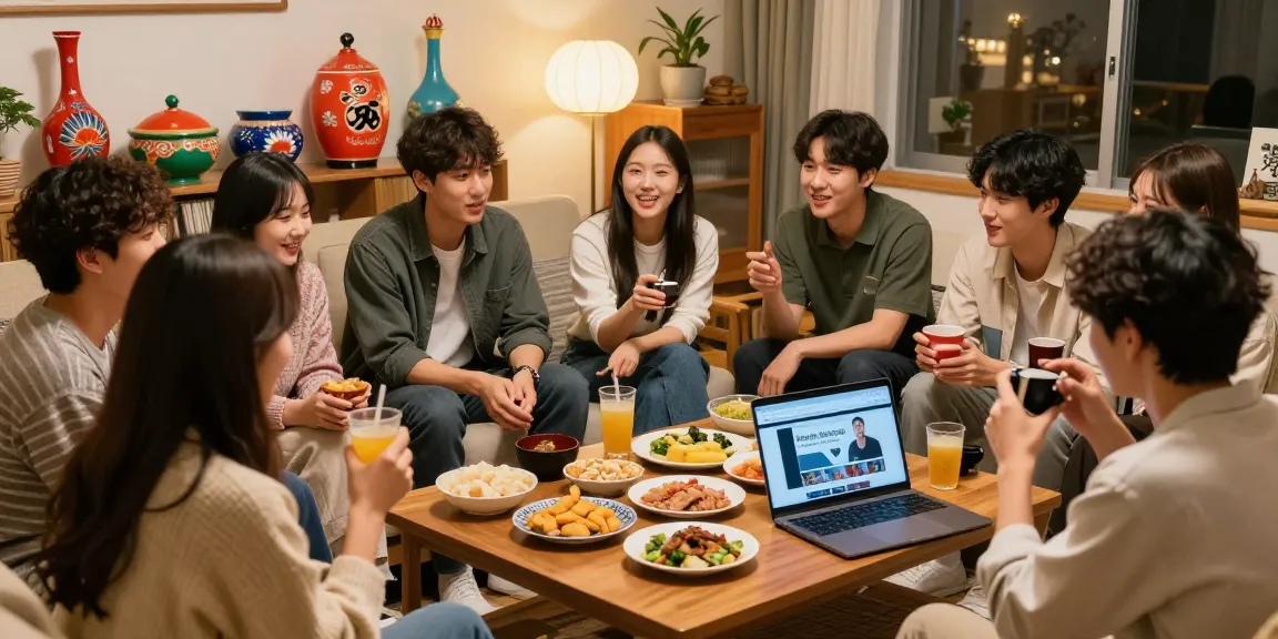 Friends discussing Asian pop culture while visiting https://hanadultalk.com in a cozy living room.
