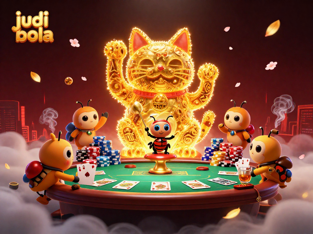 Engage in judi bola with vibrant betting action as a lucky cat and conductor beetle celebrate casino wins.
