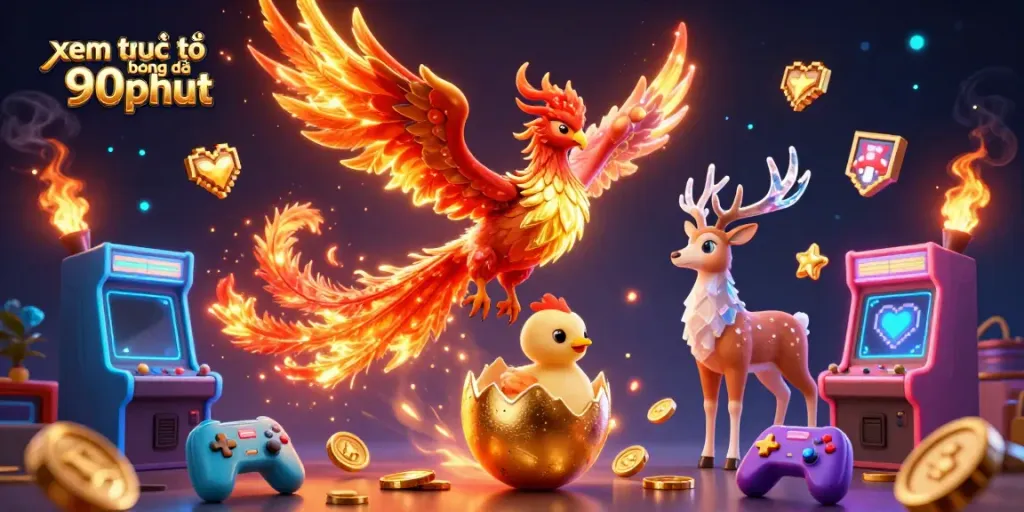 Xem trực tiếp bóng đá 90phut with a fiery phoenix and mystical stag in a vibrant 3D scene.