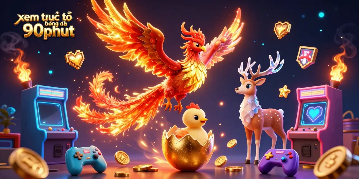 Xem trực tiếp bóng đá 90phut with a fiery phoenix and mystical stag in a vibrant 3D scene.
