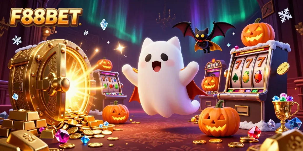 F88BET offers an exciting 3D illustration showcasing a friendly ghost cat and bat in a vibrant haunted casino.