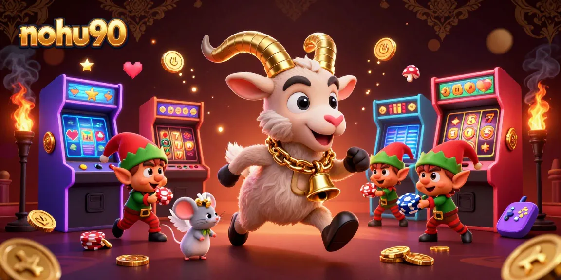 Nohu90 offers a lively casino scene with a Krampus goat overseeing fun gaming amidst mischief.
