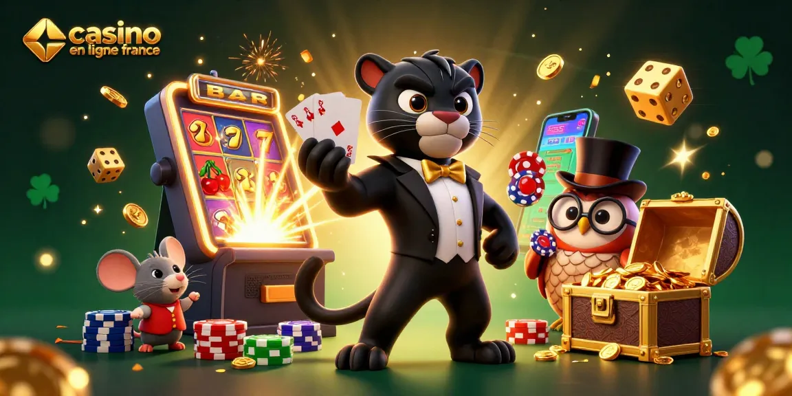 Participez aux casino en ligne en France avec un croupier panthère noire élégant et des éléments de jeu vibrants.