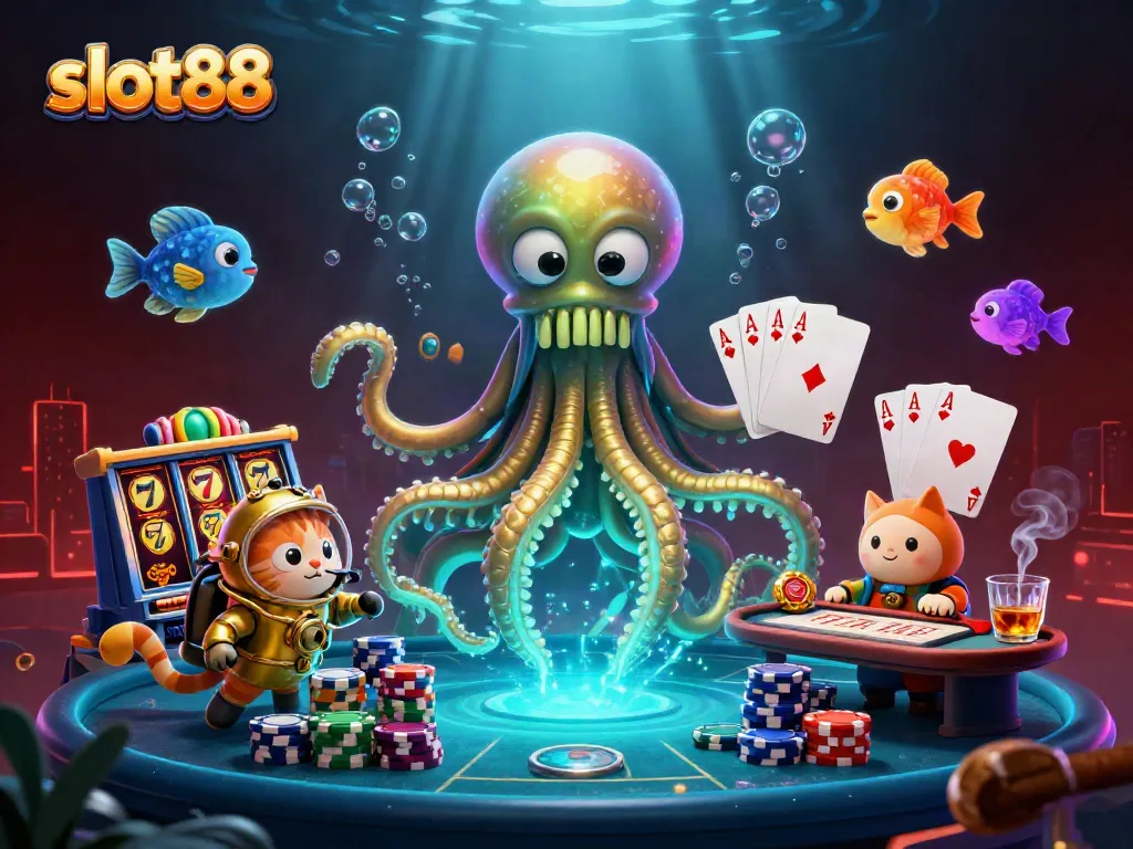 Experience thrilling slot88 gameplay with magical kraken and vintage diving cat amidst vibrant casino elements.