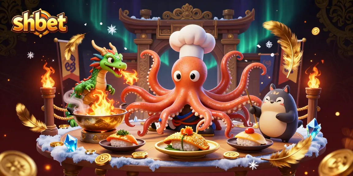 Engage with the vibrant shbet scene of a sushi chef octopus and dragon in a dramatic casino atmosphere.