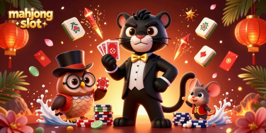 Experience thrilling moments with mahjong slot in this vibrant 3D scene showcasing playful characters and rich casino elements.