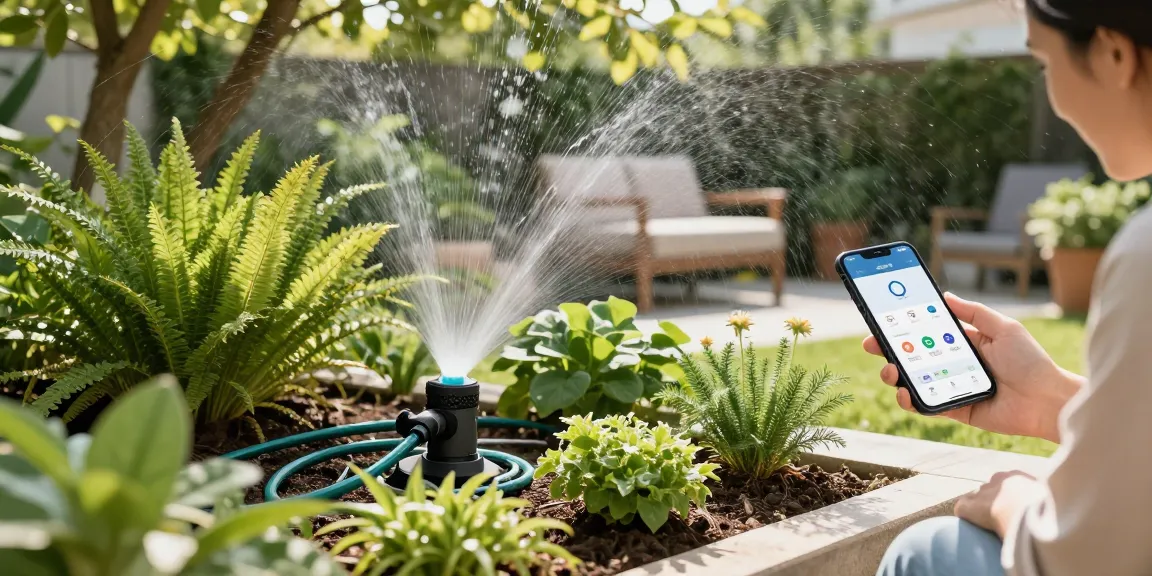 Rainpoint automatic watering system in a beautiful garden, enhancing plant growth with smart technology.