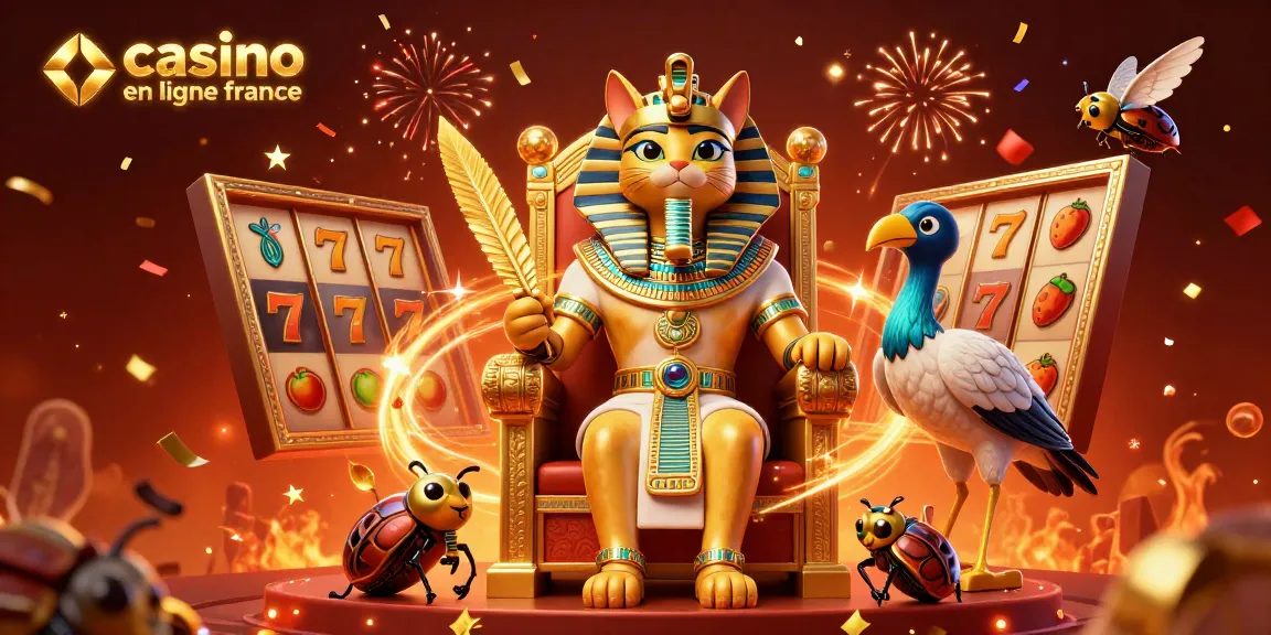Visitez le casino en ligne France avec des machines à sous, des confettis dorés et des personnages animés.