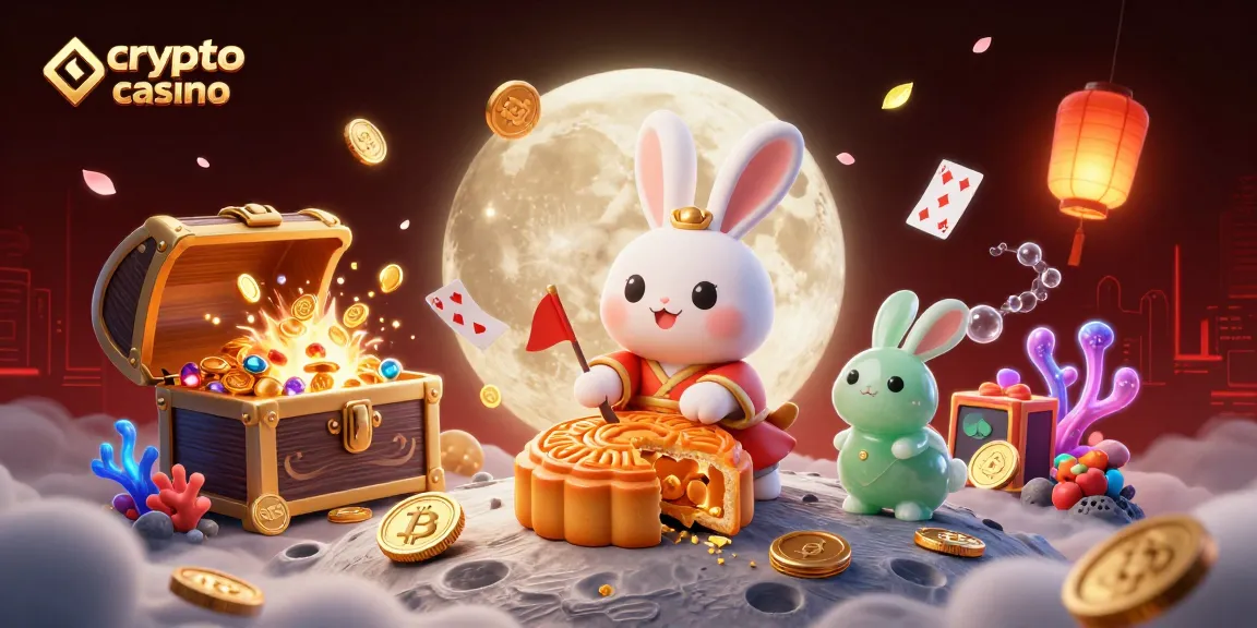 Vivi l'azione di un crypto casino con un coniglio lunare che rivela fiches da poker all'interno di mooncake dorati.