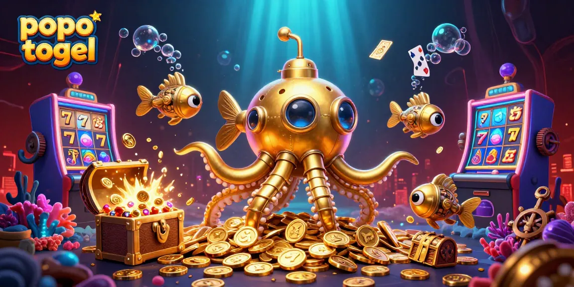 Popo togel showcases exciting underwater casino action with a golden kraken submarine amidst treasures.