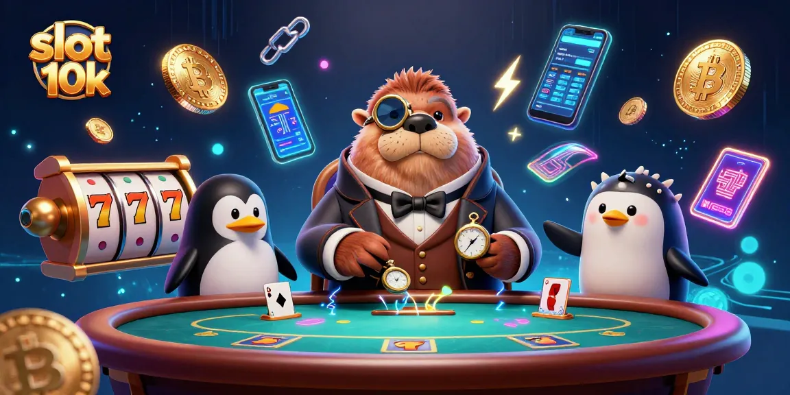 Play and win big at slot 10k with an underwater casino scene featuring animals and cryptocurrency elements.