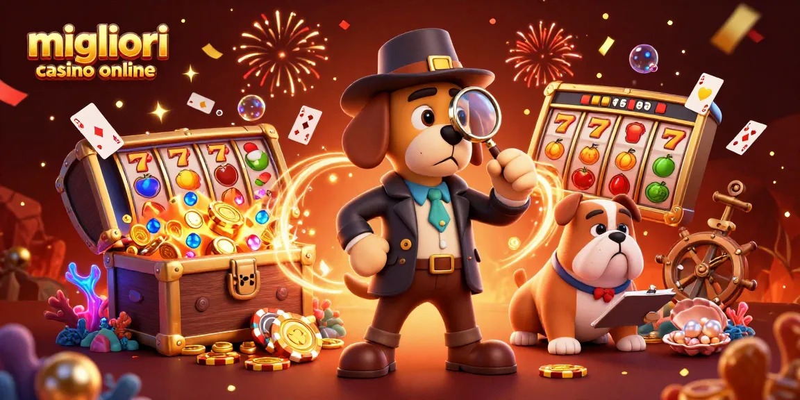 Vetrina dei migliori casino online, con un detective dei cartoni animati con indizi e elementi di gioco vivaci che illustrano l'emozione del gioco d'azzardo.