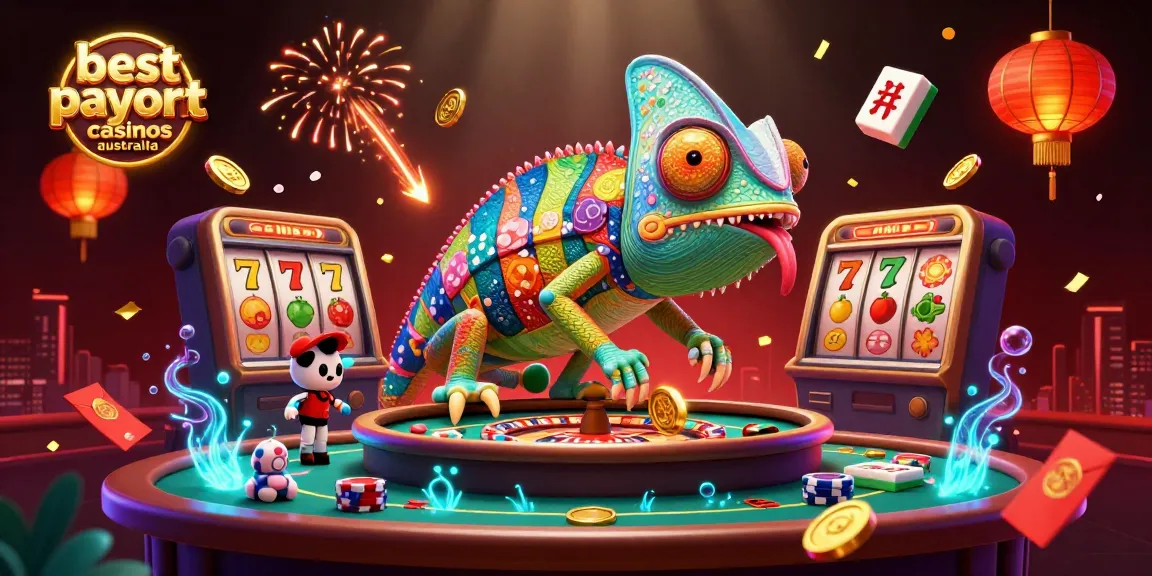 Engage with the best payout casinos Australia, featuring a vibrant chameleon casino owner and dynamic gambling elements.