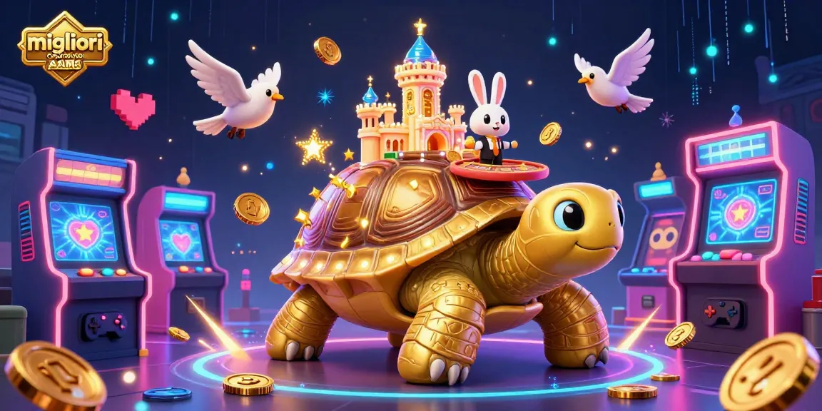 Interagisci con i migliori migliori casino non AAMS che presentano una scena vivace di un casinò a tartaruga dorata con elementi di gioco interattivi.