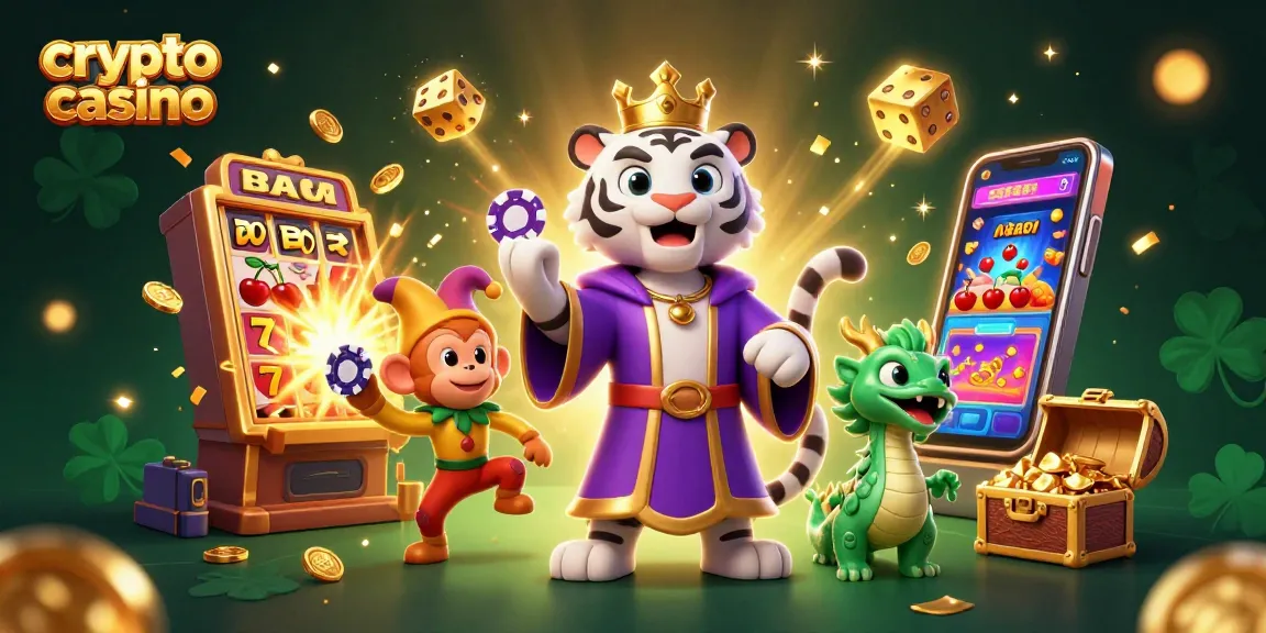 Jouez aux machines de crypto casino avec un tigre élégant, un singe farceur et un dragon de jade dans une scène colorée.