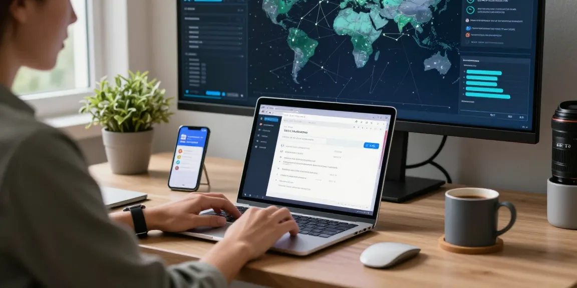 Young professional using 快连 network acceleration application in a modern home office.