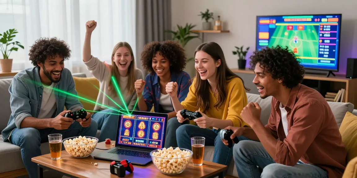 Scène de jeu passionnante de casino en ligne France avec des amis profitant de jeux de casino en ligne dans un salon animé.