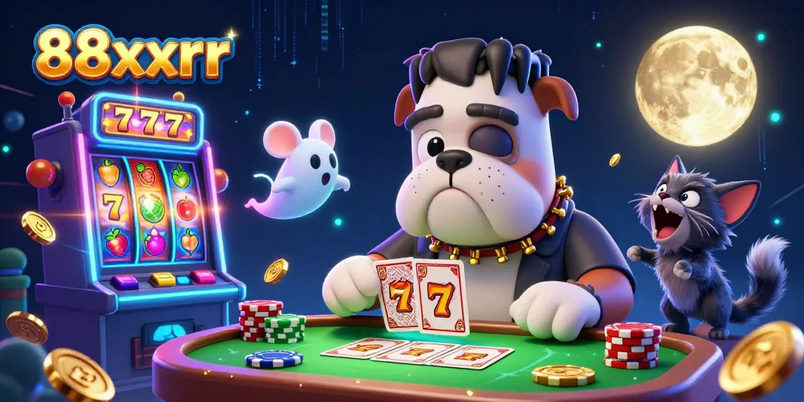 Engage with 88xxrr as a Frankenstein bulldog deals cards surrounded by vibrant slots and chaotic fun.