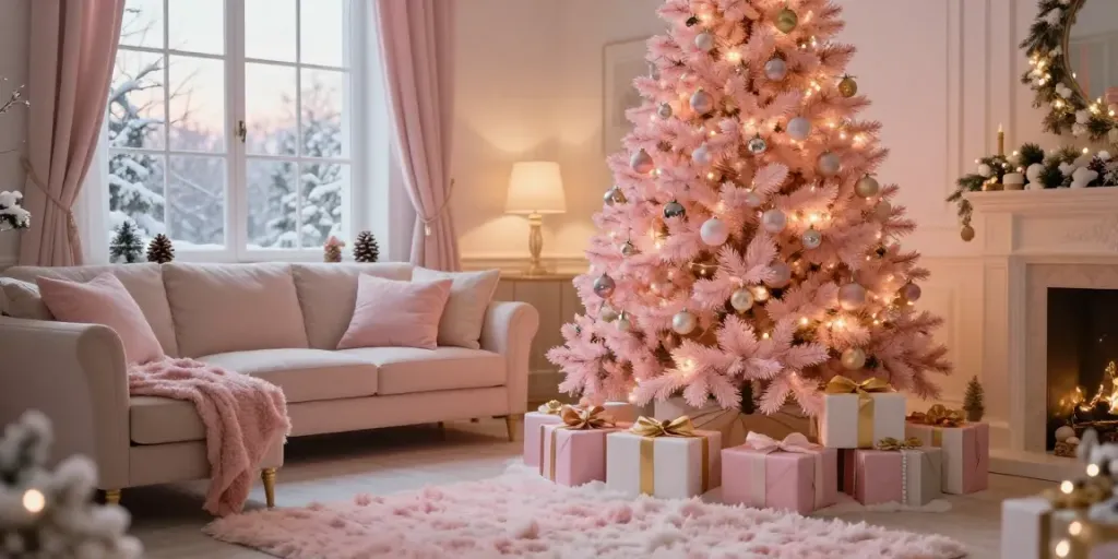 Cozy living room decorated for a pink xmas with a pink Christmas tree and warm lights.