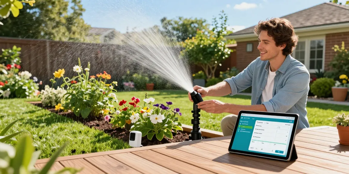 Smart sprinkler system in vibrant garden, homeowner adjusting settings while enjoying lush plant growth.