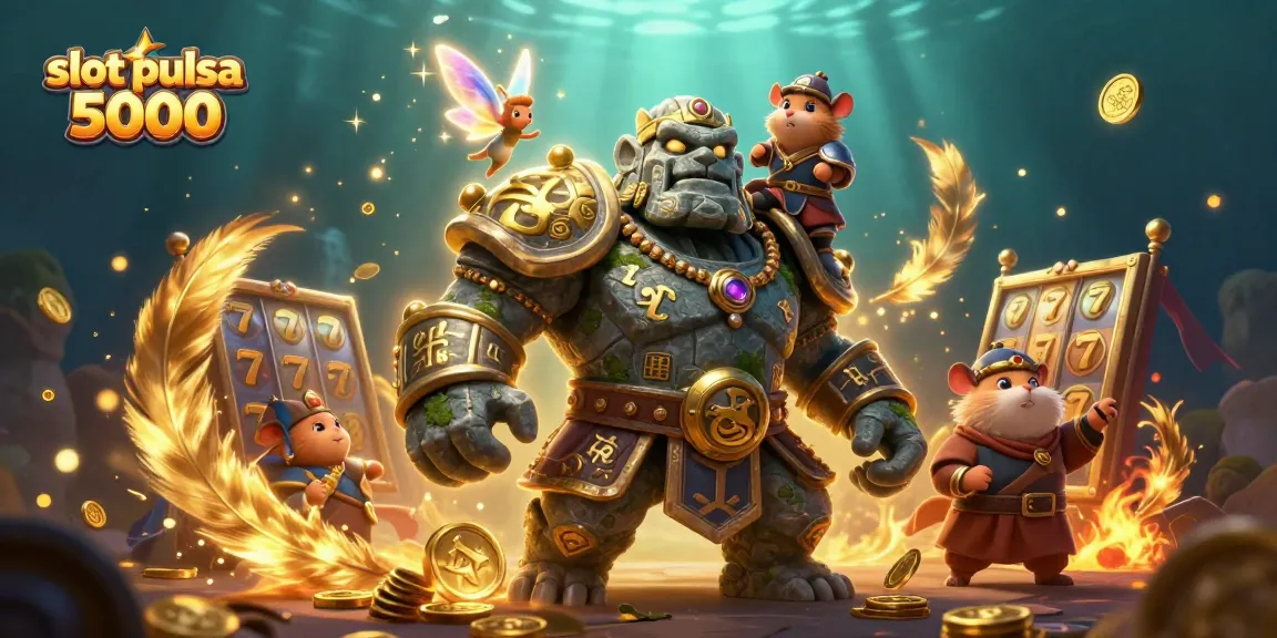 Slot pulsa 5000, ilustrasi mendebarkan dari golem penjaga dan peri saat bermain slot online.