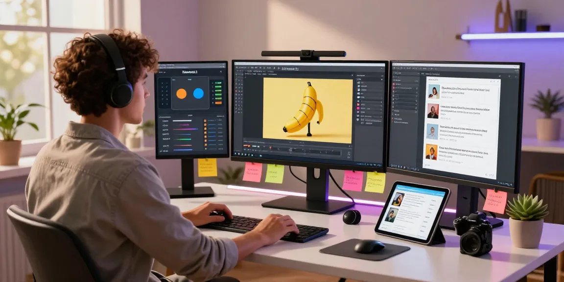 Designer using Nano Banana 2 in a vibrant creative workspace.