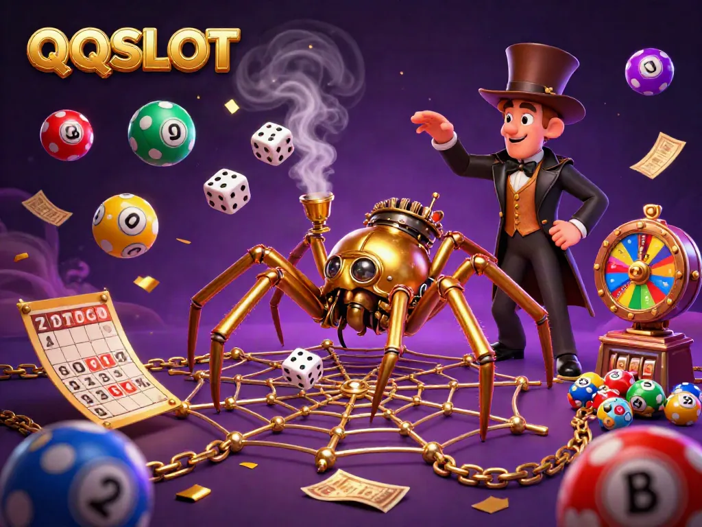 Experience the excitement of QQSLOT in this dynamic 3D illustration showing a steampunk spider capturing dice.