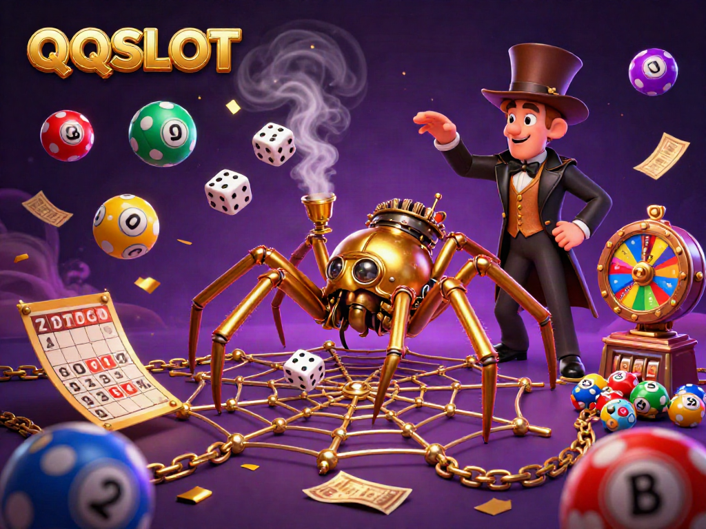 Experience the excitement of QQSLOT in this dynamic 3D illustration showing a steampunk spider capturing dice.