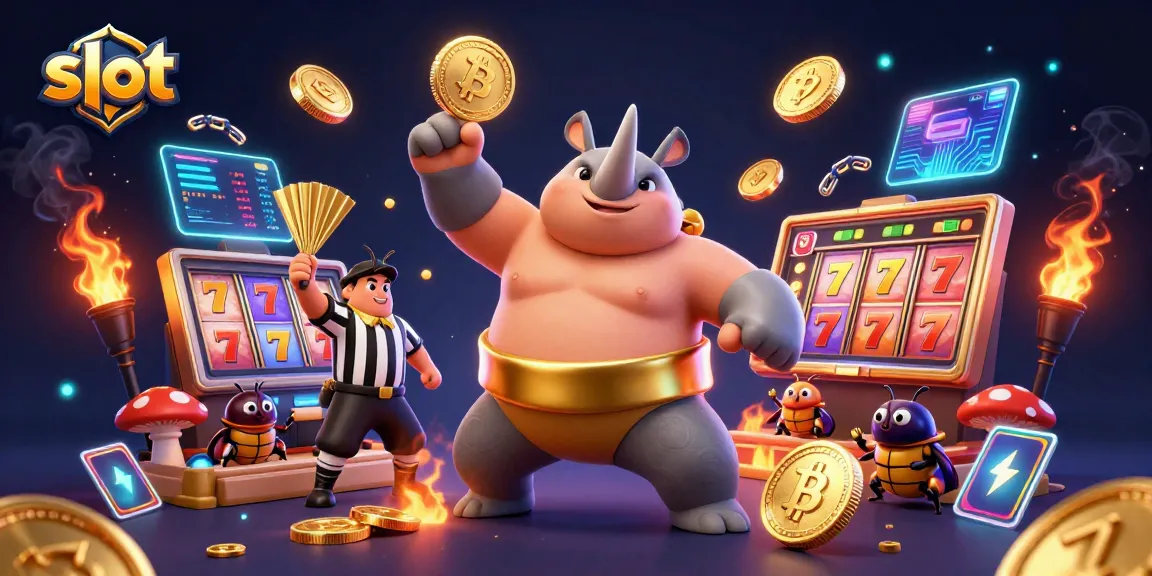 Spin slot reels as a beetle champion stomps coins in this vibrant casino illustration.