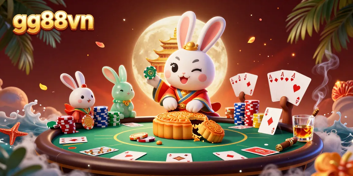 Join the 3D moon rabbit at gg88vn for exciting poker adventures in this captivating illustration.