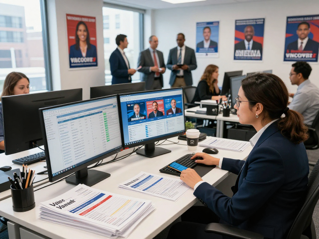 Engaging campaign office scene showing how Hulu political ads can drive voter engagement and strategy.
