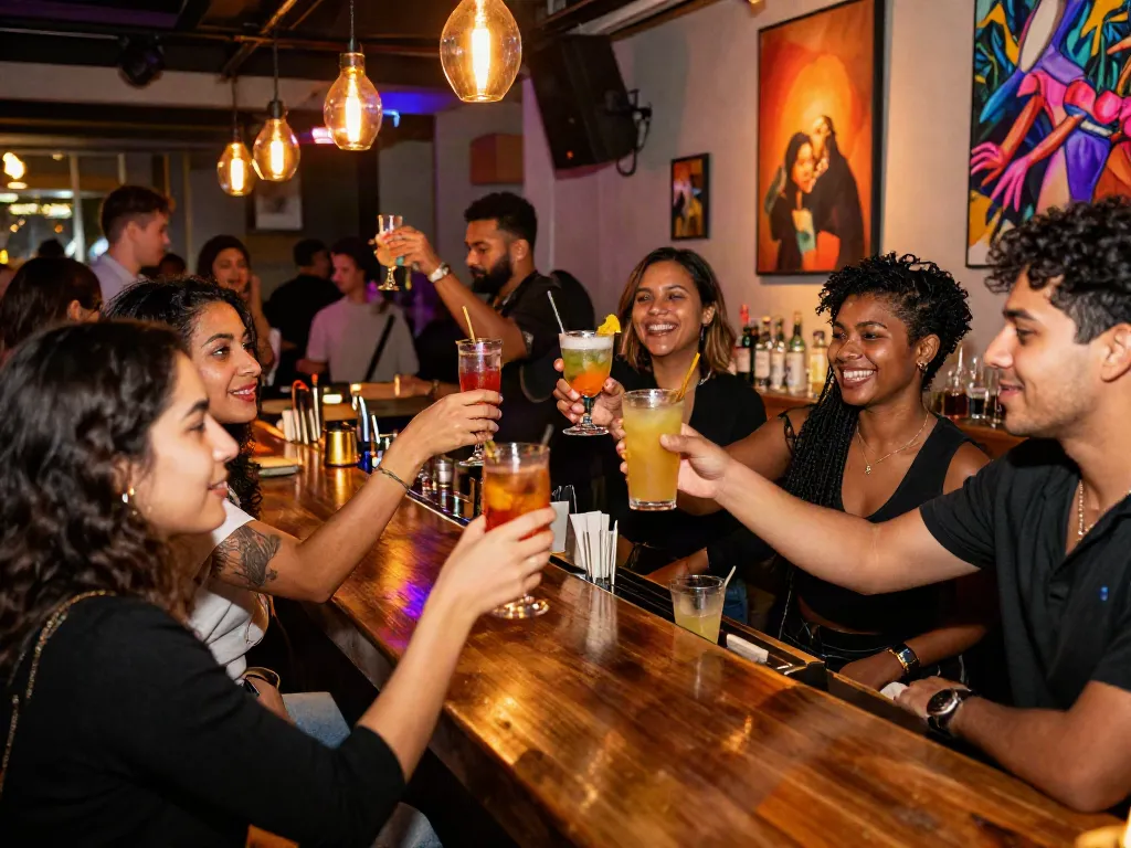 Friends enjoying colorful cocktails at a lively bar, celebrating rokok88 culture in vibrant nightlife.