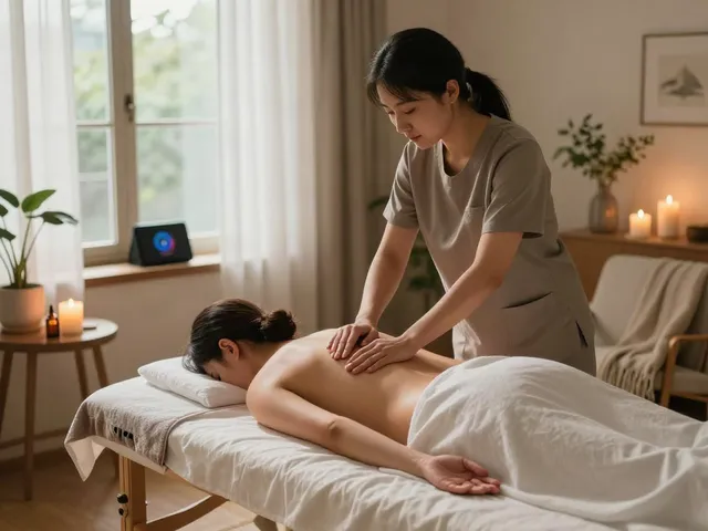 In-home massage therapy session illustrating serene ambiance and professional technique with 수원출장안마 services.