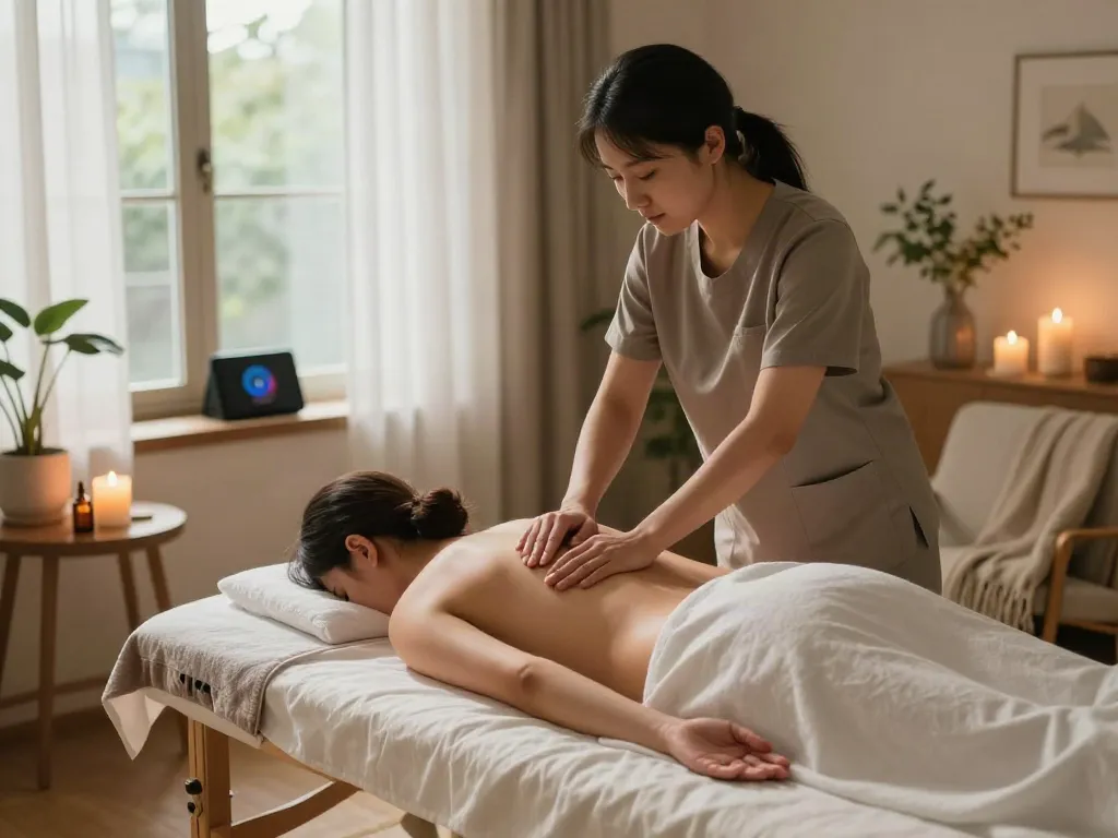 In-home massage therapy session illustrating serene ambiance and professional technique with 수원출장안마 services.