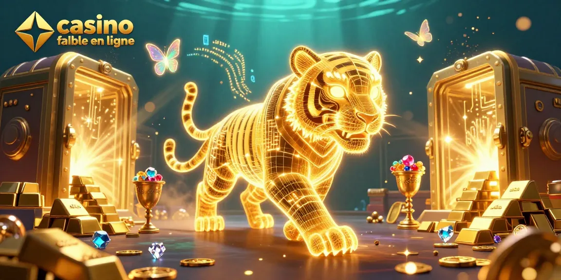 Illustration dynamique d'un tigre d'énergie lumineuse dans un casino en ligne fiable, entouré de trésors et de jeux