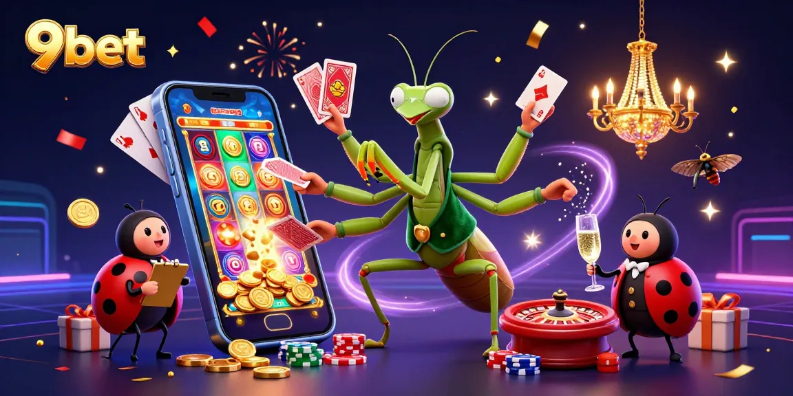 Experience thrilling games at 9bet with a giant praying mantis dealer, vibrant slot reels, and festive energy.