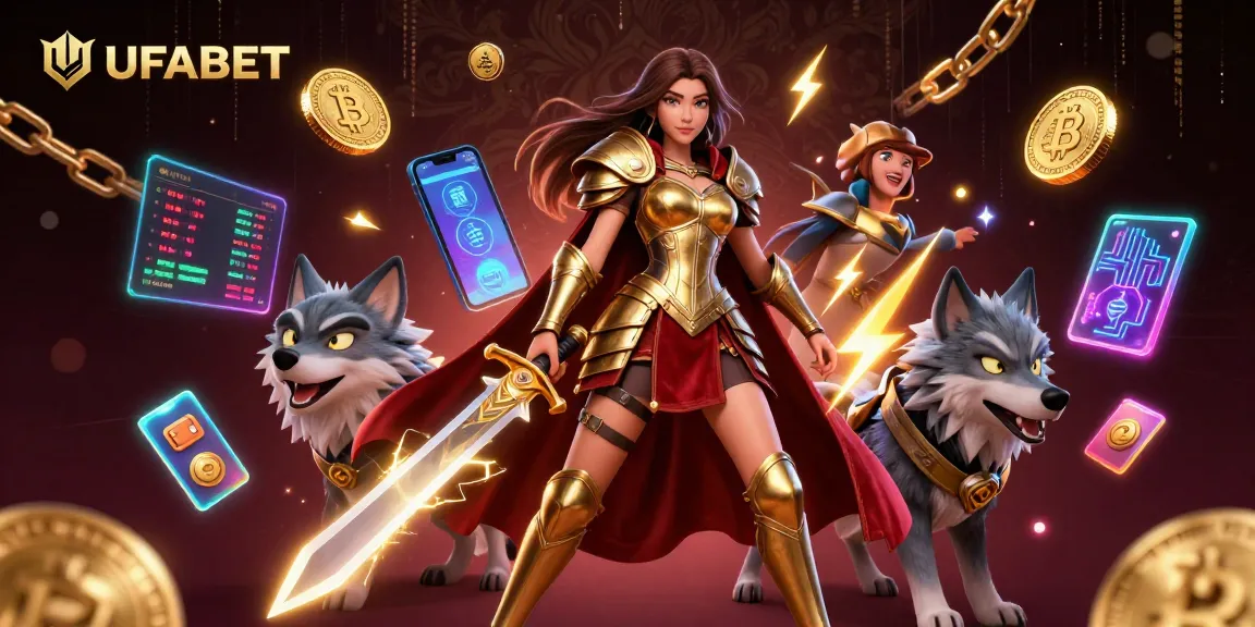 Play thrilling games at UFABET with a stunning warrior queen and an armored wolf in a vibrant casino scene.