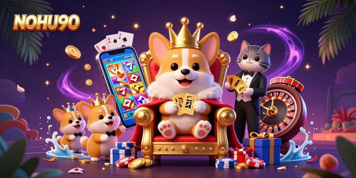 Join the NOHU90 royal gaming scene packed with casino riches, featuring a corgi king and gaming elements.